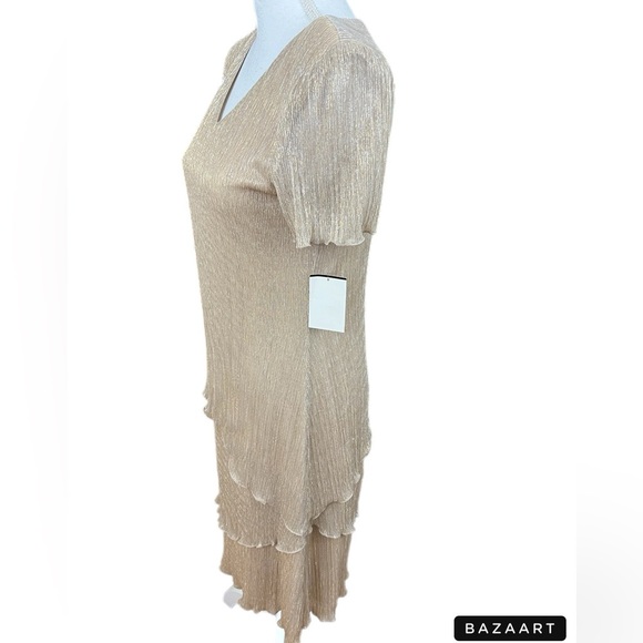 Connected Apparel Dress Womens 8 Gold Silver Metallic Tiered Short Sleeved NWT - Picture 3 of 6